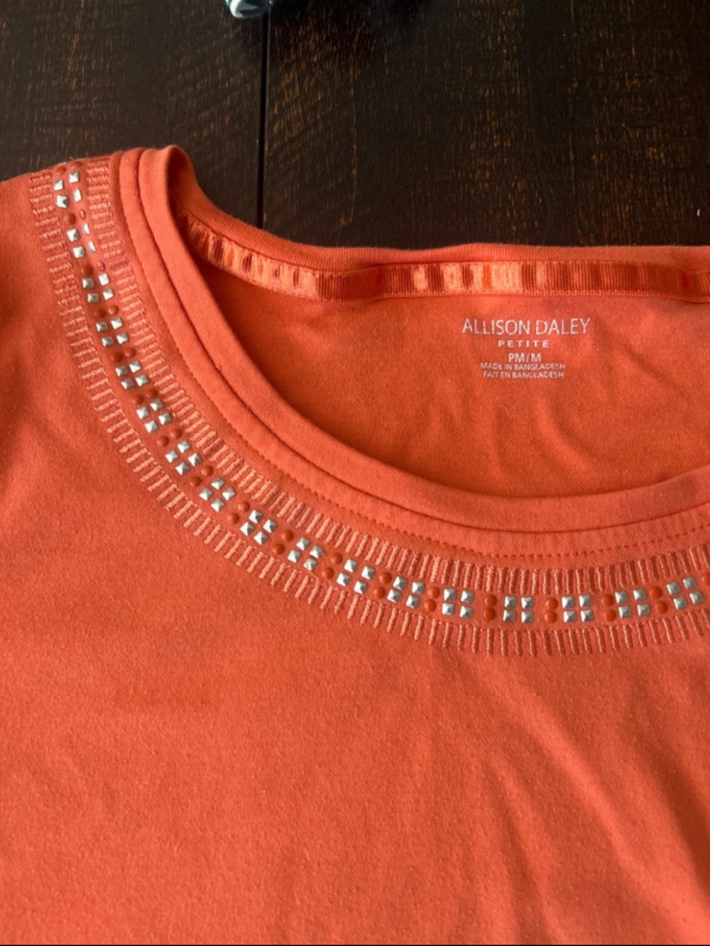 Allison Daley Petite Coral-Orange Scoop Neck Tee with Silver Studs